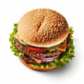 Close-up Of A Delicious Hamburger With Toppings On White Background