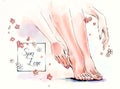 Watercolor illustration of body care, salon of manicure and ped