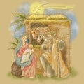 Free hand illustration of nativity of Jesus with comet