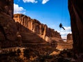 Free-hanging Rappel into Arches National Park canyon in Southern Utah desert