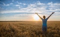 Free Happy Woman Enjoying Nature and Freedom Outdoor. Woman with arms outstretched in a wheat field in sunset. Royalty Free Stock Photo