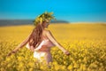 Free happy young woman in field enjoying life. Pretty brune Royalty Free Stock Photo