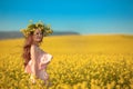 Free happy young woman in field enjoying life. Pretty brune Royalty Free Stock Photo