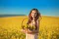 Free happy young woman in field enjoying life. Pretty brune Royalty Free Stock Photo