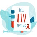 Free HIV testing. Aids poster design. HIV test tube and syringe.