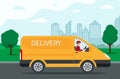 Free home delivery service by van. Yellow car with stack of parcel boxes on city road background. Flat style vector illustration Royalty Free Stock Photo