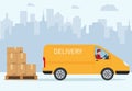 Free home delivery service by van. Yellow car with stack of parcel boxes on city road background. Flat style vector illustration Royalty Free Stock Photo