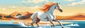 A free horse gallops on the seashore. Sunny sunset. A beautiful elegant horse with a flattering mane. Vector