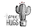 Free hugs. Cactus Love silhouette. Vector hand drawn Printable illustration isolated