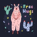 Free hugs card with a cute llama with hand drawn lettering. Cacti and alpaca funny print