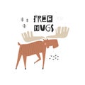 Free Hugs hand drawn lettering quote and cute moose character