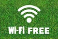 Free internet point in a bar, restaurant, cafe or park. Wi-Fi icon on a green grass background. Technology and communications Royalty Free Stock Photo