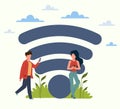 Free internet zone. Man and woman using smartphones outdoors, wi-fi hotspot good signal, public access area, online