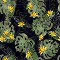 Free painting of summer leaf and yellow exotic flora, nature motifs with flowers. Seamless hawaii pattern. Vintage green palm Royalty Free Stock Photo