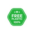 Free plastic 100 percent green hexagonal sticker. Certificate emblem label. Vector illustration.