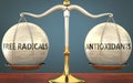 Free radicals and antioxidants staying in balance - pictured as a metal scale with weights to symbolize balance and symmetry of