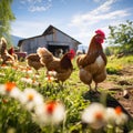 Free range chicken farm and sustainable agriculture. Organic poultry farming. Chickens roaming free in sustainable and animal-