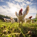 Free range chicken farm and sustainable agriculture. Organic poultry farming. Chickens roaming free in sustainable and animal-