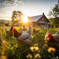 Free range chicken farm and sustainable agriculture. Organic poultry farming. Chickens roaming free in sustainable and animal-