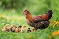 A free range chicken hens walking in a garden. Ecological farm.