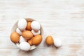 Free-range organic brown and white eggs in bowl on wood background with copy space Royalty Free Stock Photo