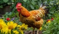 Free range rooster pecking in green meadow generated by AI