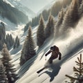 Free ride skier moving downhill on sunny snow covered Alpine slope