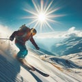 Free ride skier moving downhill on sunny snow covered Alpine slope