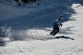 Free rider seen from side angle making a turn in Stowe Mountain resort in Vermont