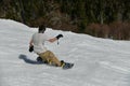 Free rider snowboarder seen from behind making a turn in Stowe Mountain resort in Vermont