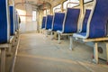 Free seats in an old subway car. The empty interior of the tram. Public transport is available without people during the