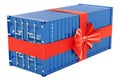 Free Shipping concept. Cargo Container with bow and ribbon, 3D r Royalty Free Stock Photo