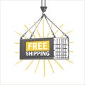 Free shipping illustration. Crane lifts a container with cargo.