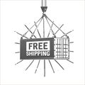 Free shipping illustration. Crane lifts a container with cargo.