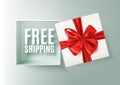 Free shipping message in open realistic gift box with red ribbon, vector illustration Royalty Free Stock Photo