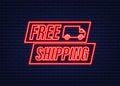 Free shipping. Neon icon. Badge with truck. Vector stock illustrtaion. Royalty Free Stock Photo