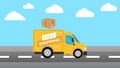 Free shipping service vector illustration. Cartoon running yellow delivery truck design. Free delivery services concept design.