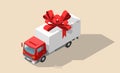 Free shipping vector illustration. Isolated delivery truck with red bow. Gift box on truck Royalty Free Stock Photo