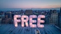 Free Sign Glowing on Urban Rooftop at Twilight
