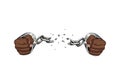 Free slave broken handcuffs chain. African hands. Vector graphic illustration