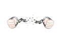 Free slave broken handcuffs chain. White hands. Vector graphic illustration