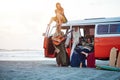 Free souls. a group of young friends stopping at the beach during a roadtrip.