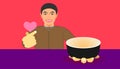 Free space on cup for your food promotion. a man show a ware and give a mini heart hand for meal recommended. vector illustration