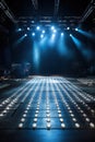 Free stage with lights, lighting devices. Scene, stage light with colored spotlights.