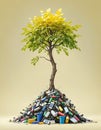 A free-standing green tree grows out of a pile of waste, garbage and old electronic devices