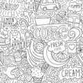 Free style coffee and sweets seamless vector pattern. Black and white sketch background