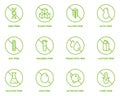 Free Sugar, Corn, GMO, Dairy, Nitrates, Trans Fat, Soy, Milk, Egg, Paraben, Gluten, Nuts Forbidden Line Green Icon Set