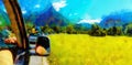 Free summer car travelling road trip in beautiful mountain landscape and computer painting effect. Royalty Free Stock Photo