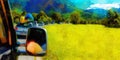 Free summer car travelling road trip in beautiful mountain landscape and computer painting effect Royalty Free Stock Photo