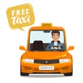 Free taxi, concept. Happy driver rides a car. Cartoon vector illustration Royalty Free Stock Photo